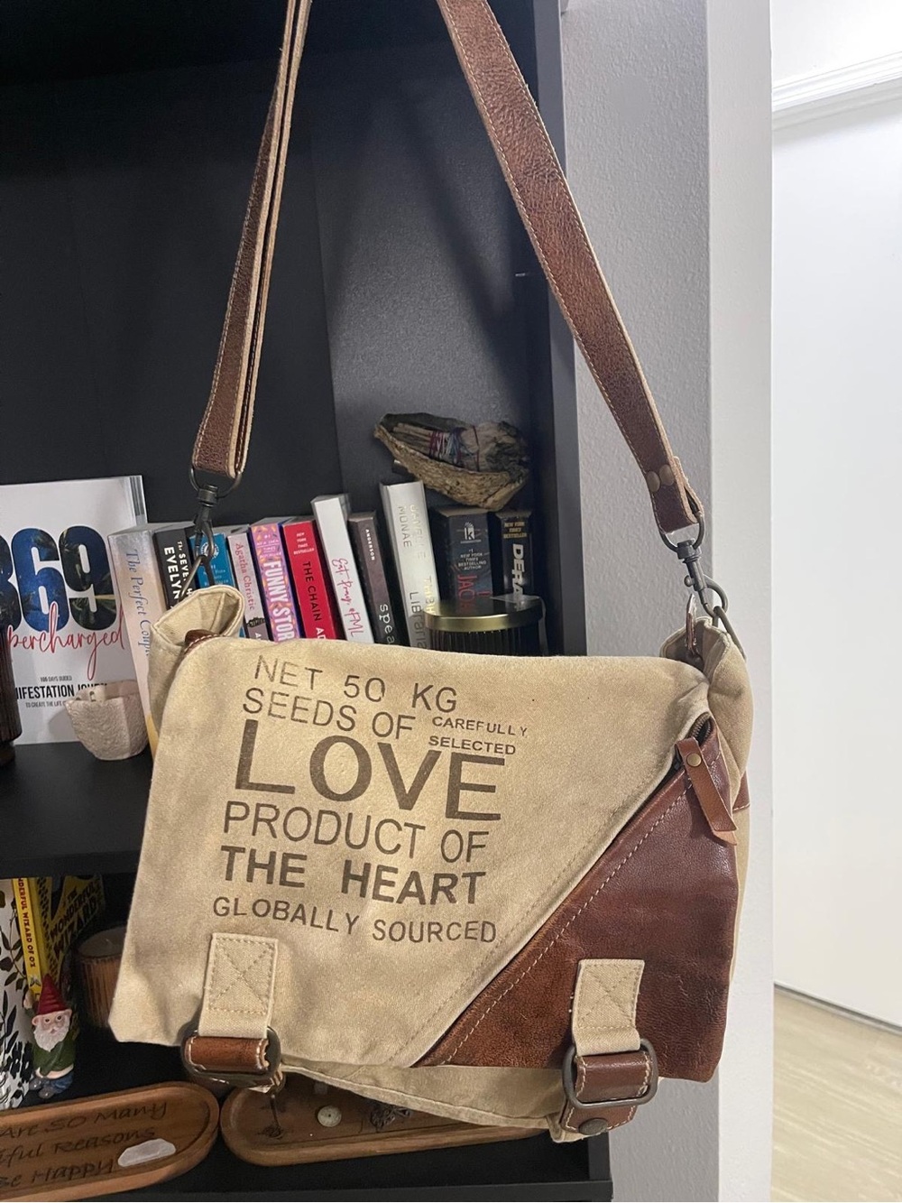 Canvas Messenger Bag with Brown Leather Accents - Love Print
